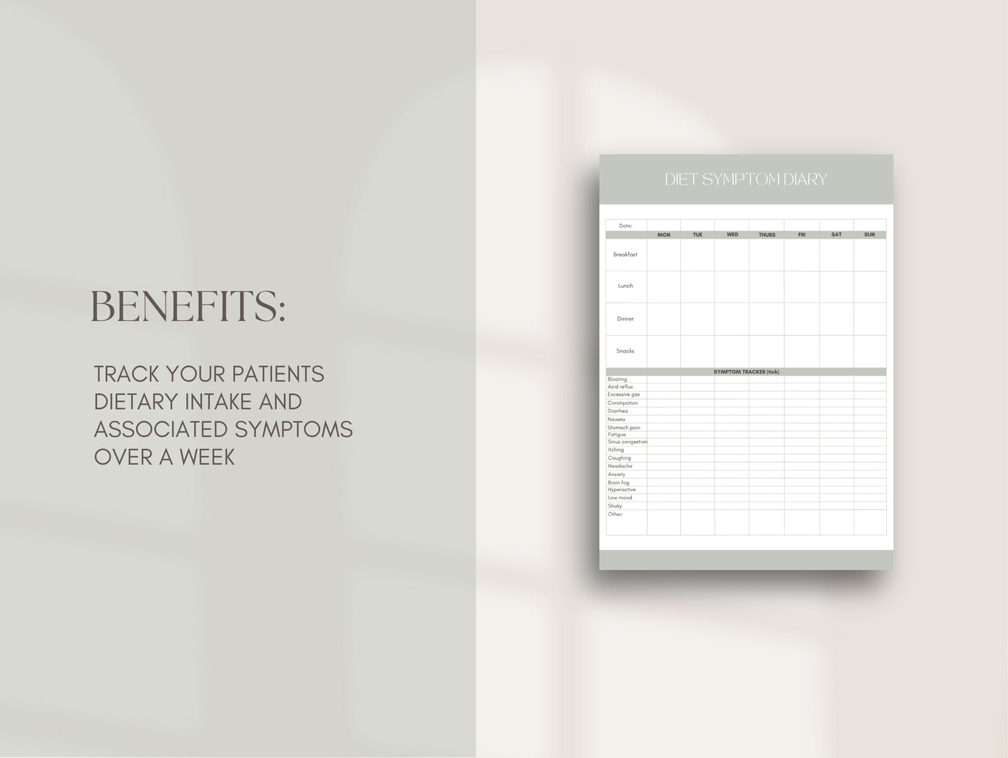 Diet symptom diary Canva template for functional health practitioners