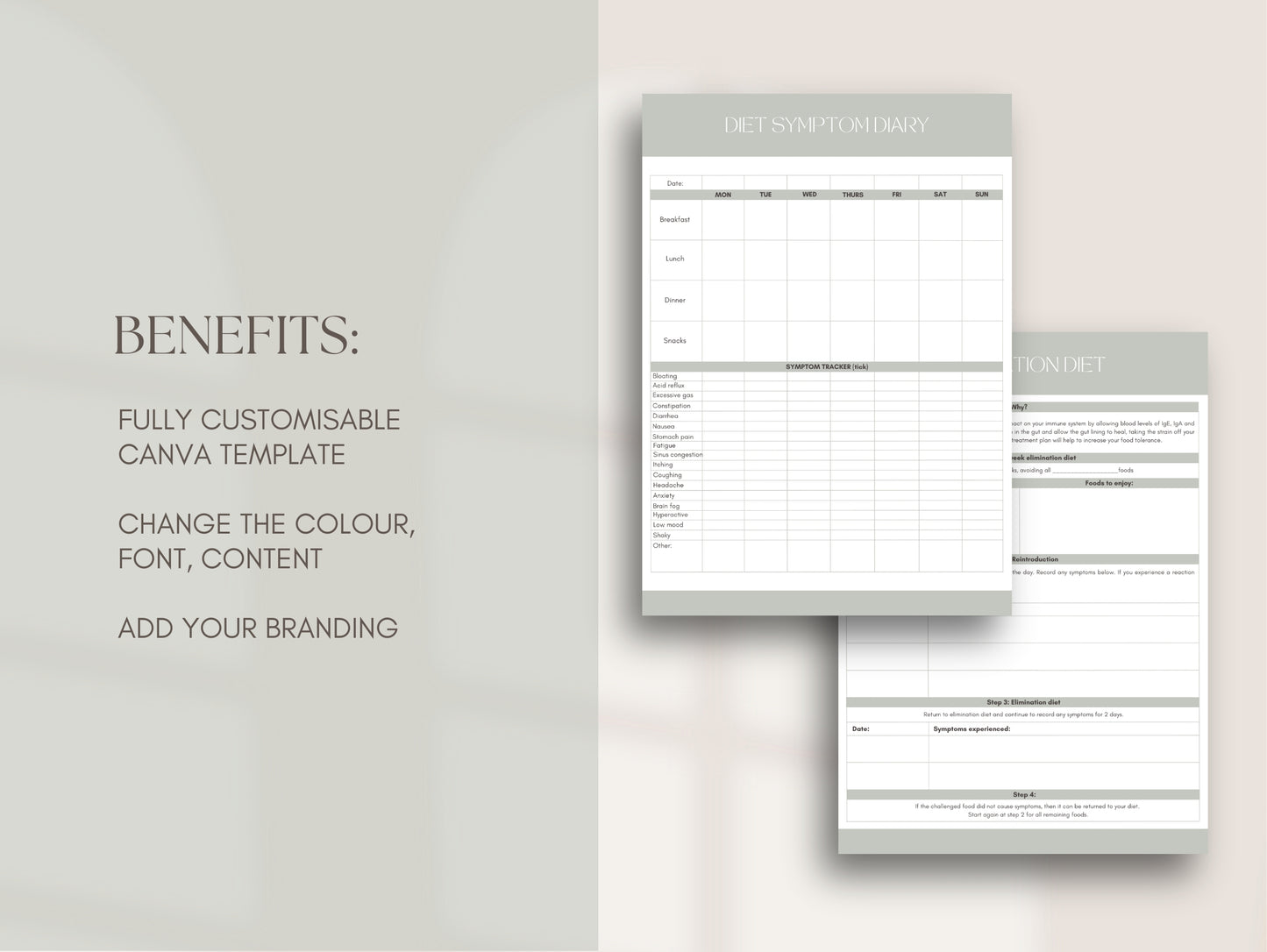 Editable symptom diary and food tracker Canva for holistic practitioners