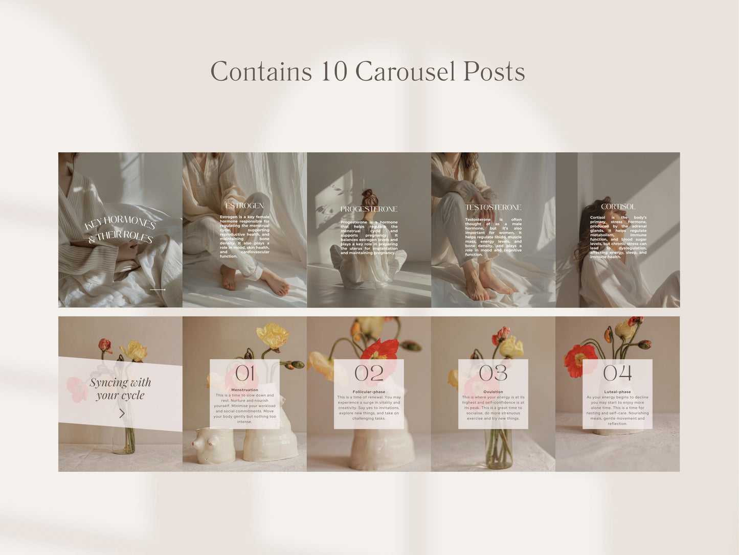 Carousel with 10 posts featuring a person sitting, text, and flowers on a neutral background.
