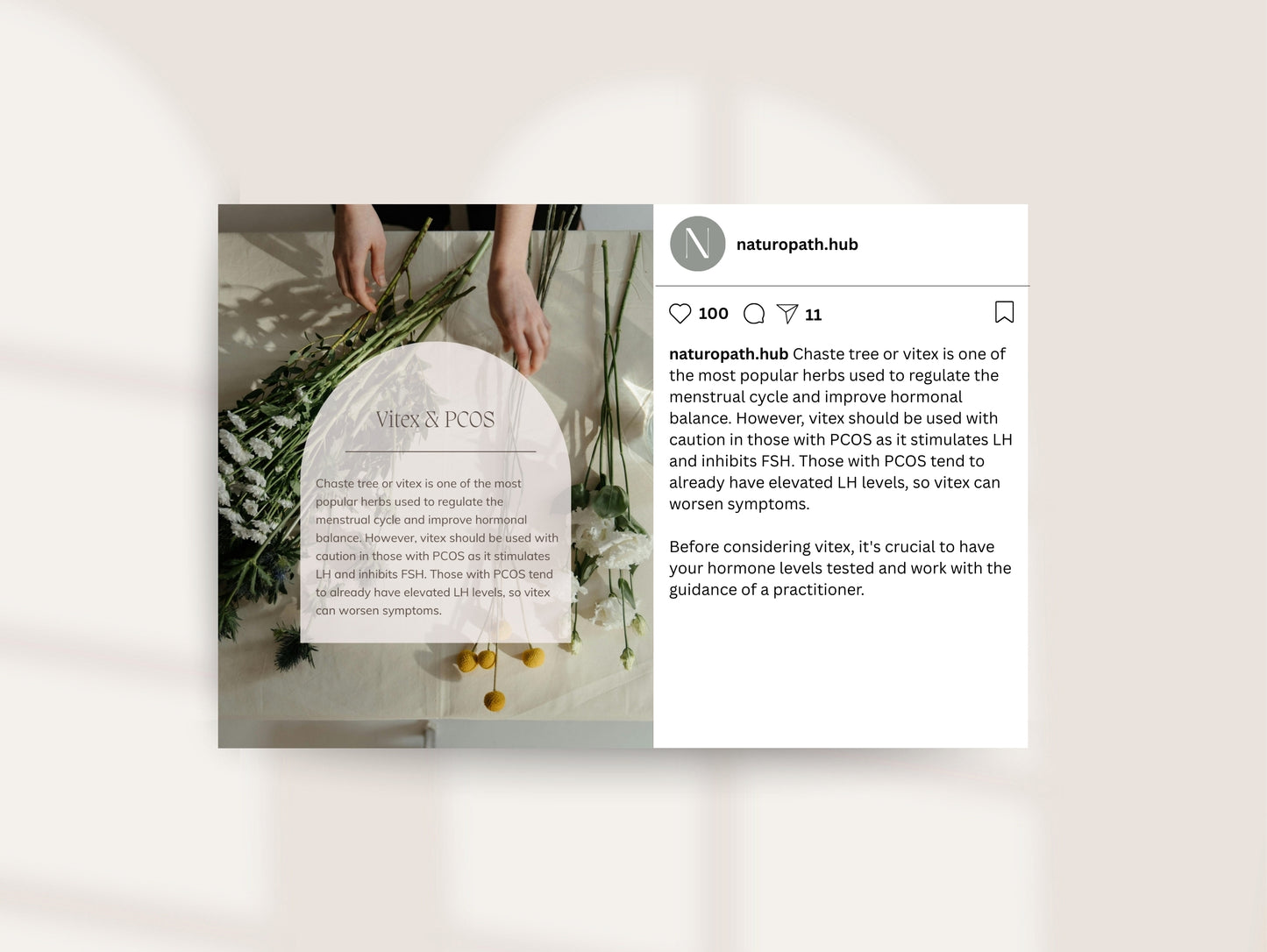 Instagram post on a white background, featuring text about PCOS and vitex.