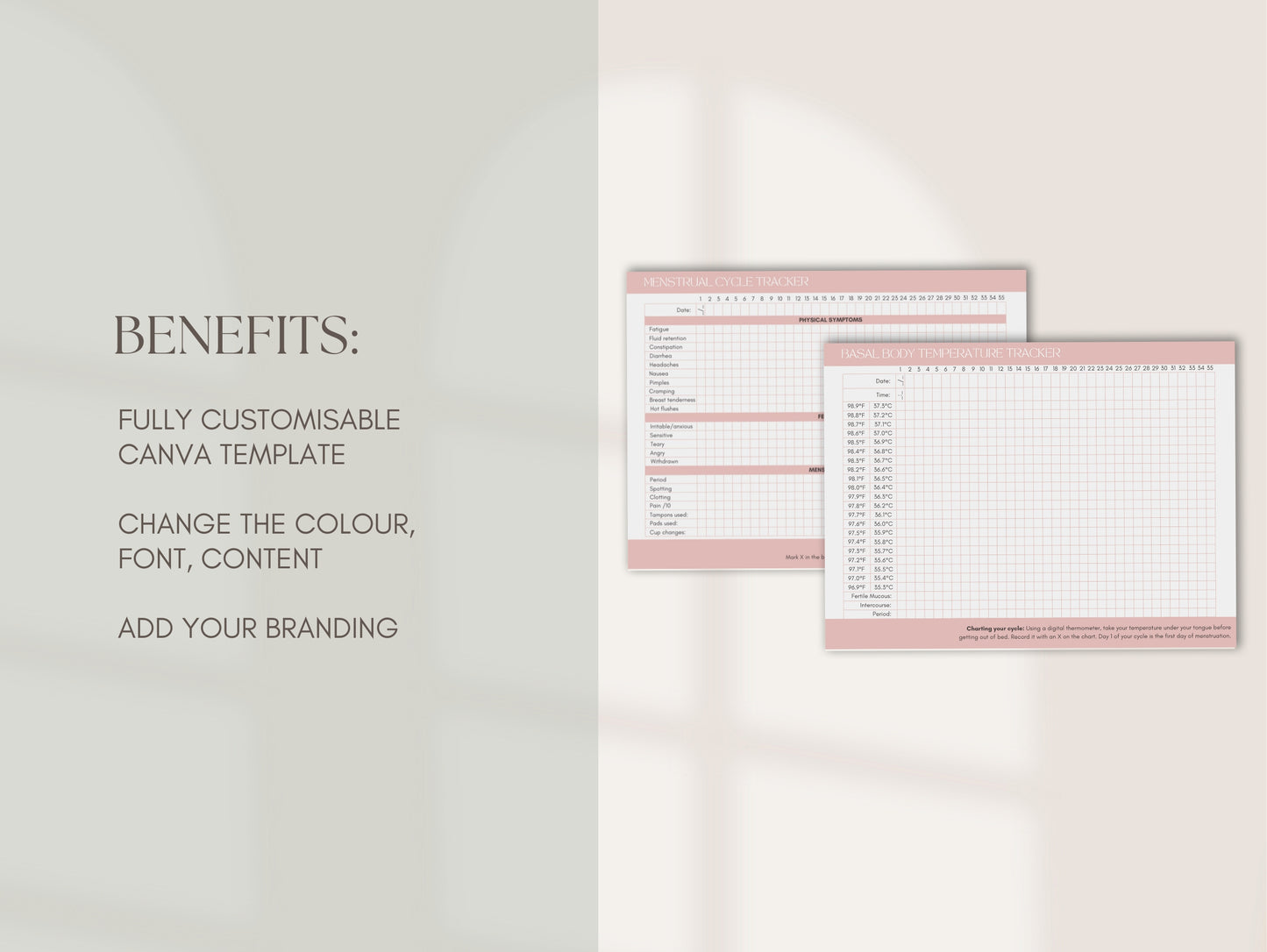 Editable BBT chart and PMS symptom tracker for wellness professionals