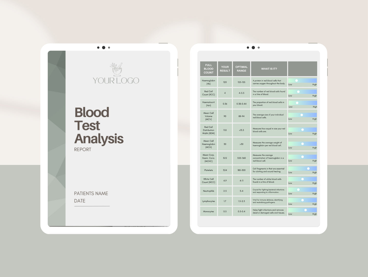 Blood test analysis report Canva template for naturopaths, nutritonists, ND's, herbalists