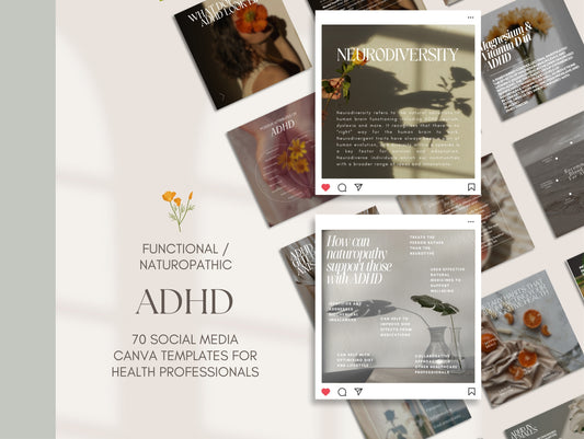 ADHD and neurodivergence Instagram Canva templates for practitioners