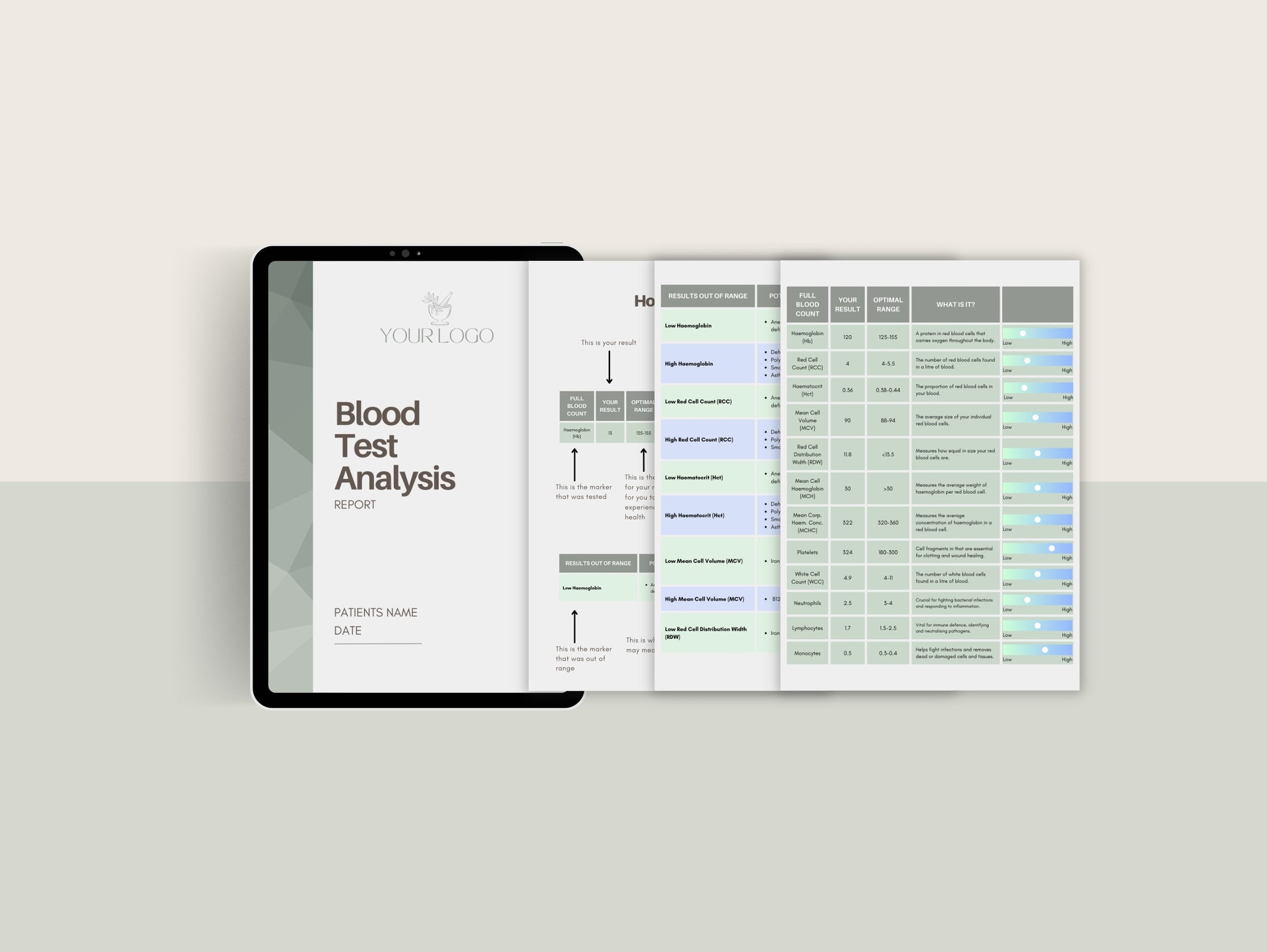 Blood test analysis report Canva template for naturopaths and health professionals
