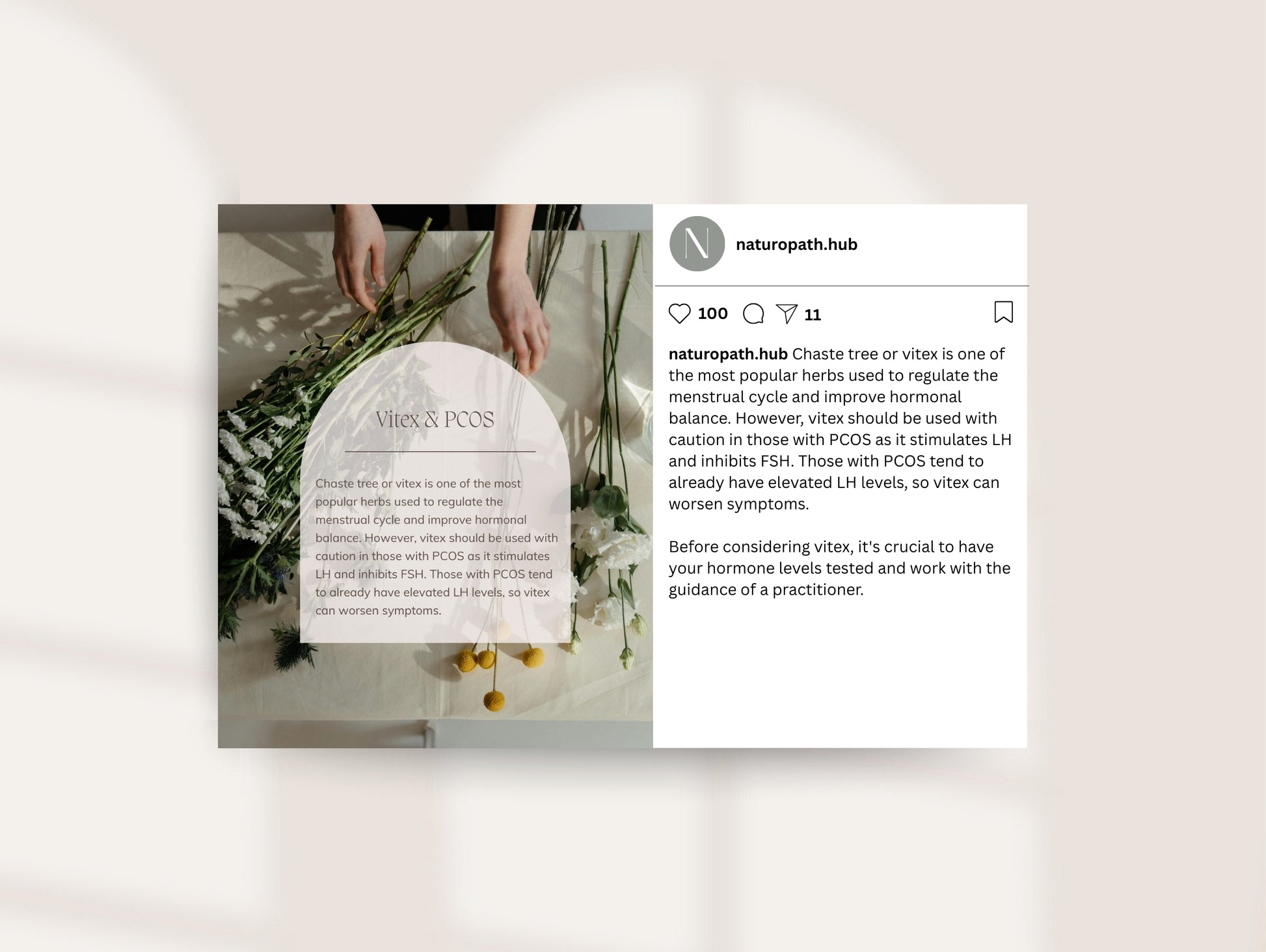 Instagram post on a white background, featuring text about PCOS and vitex.