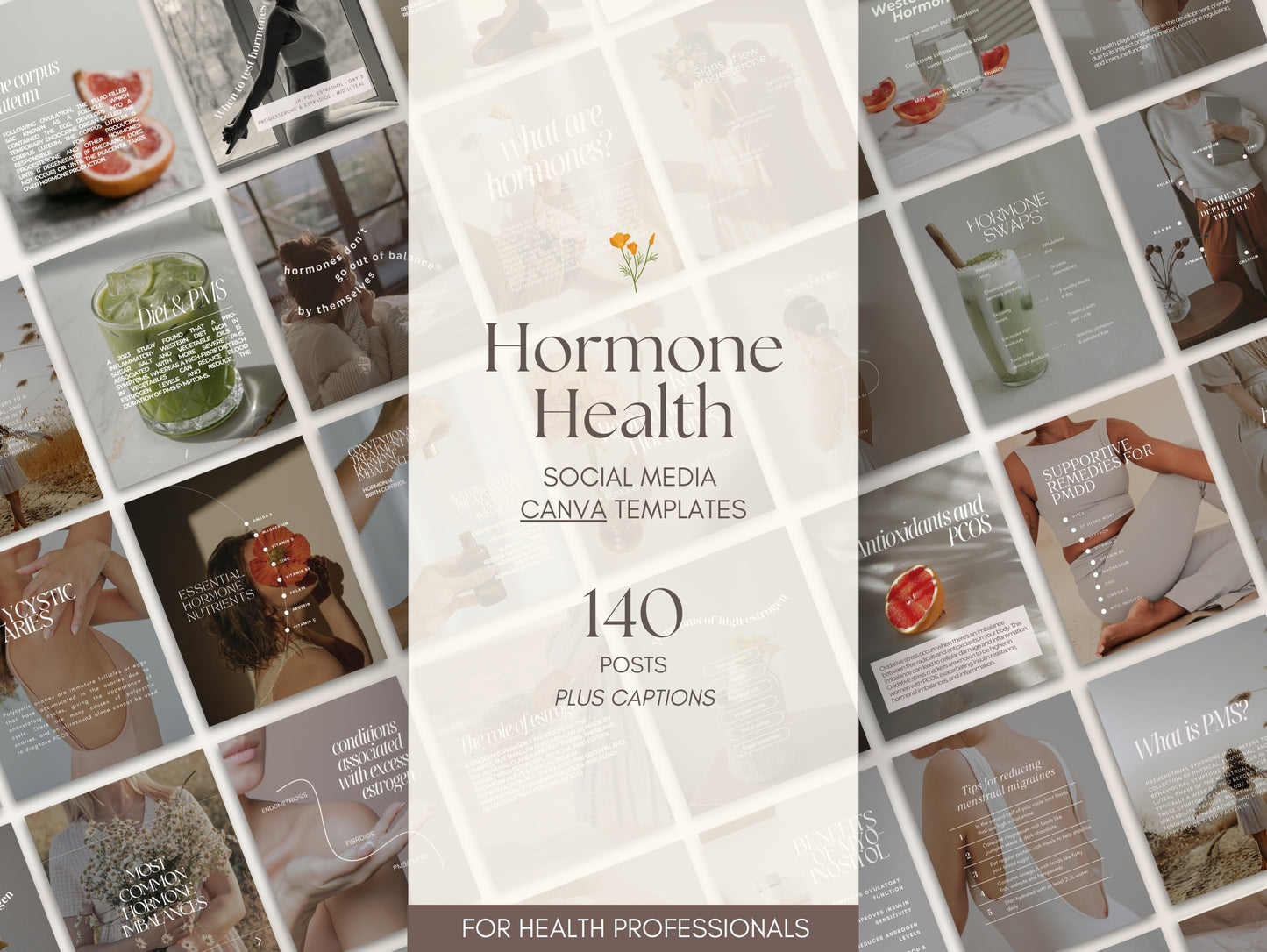 Collage of health-themed images with 'Hormone Health' social media canva templates text overlay.