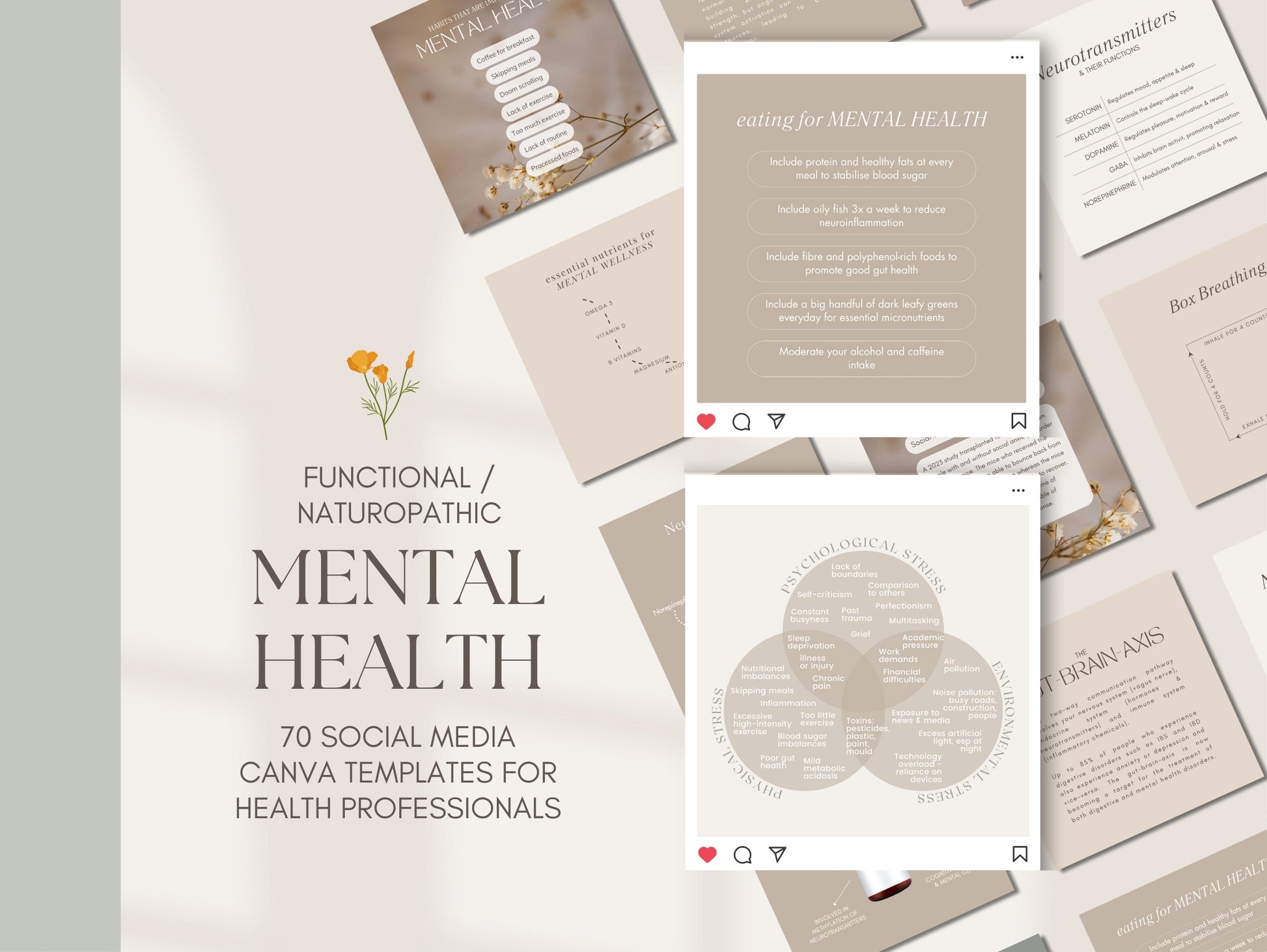 Mental wellness Instagram Canva templates for naturopaths