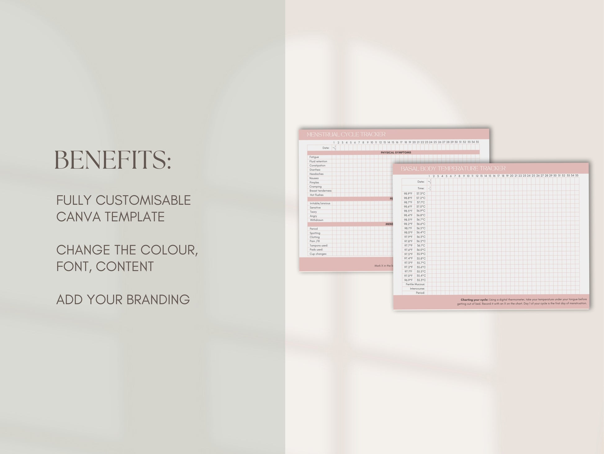 Editable BBT chart and PMS symptom tracker for wellness professionals