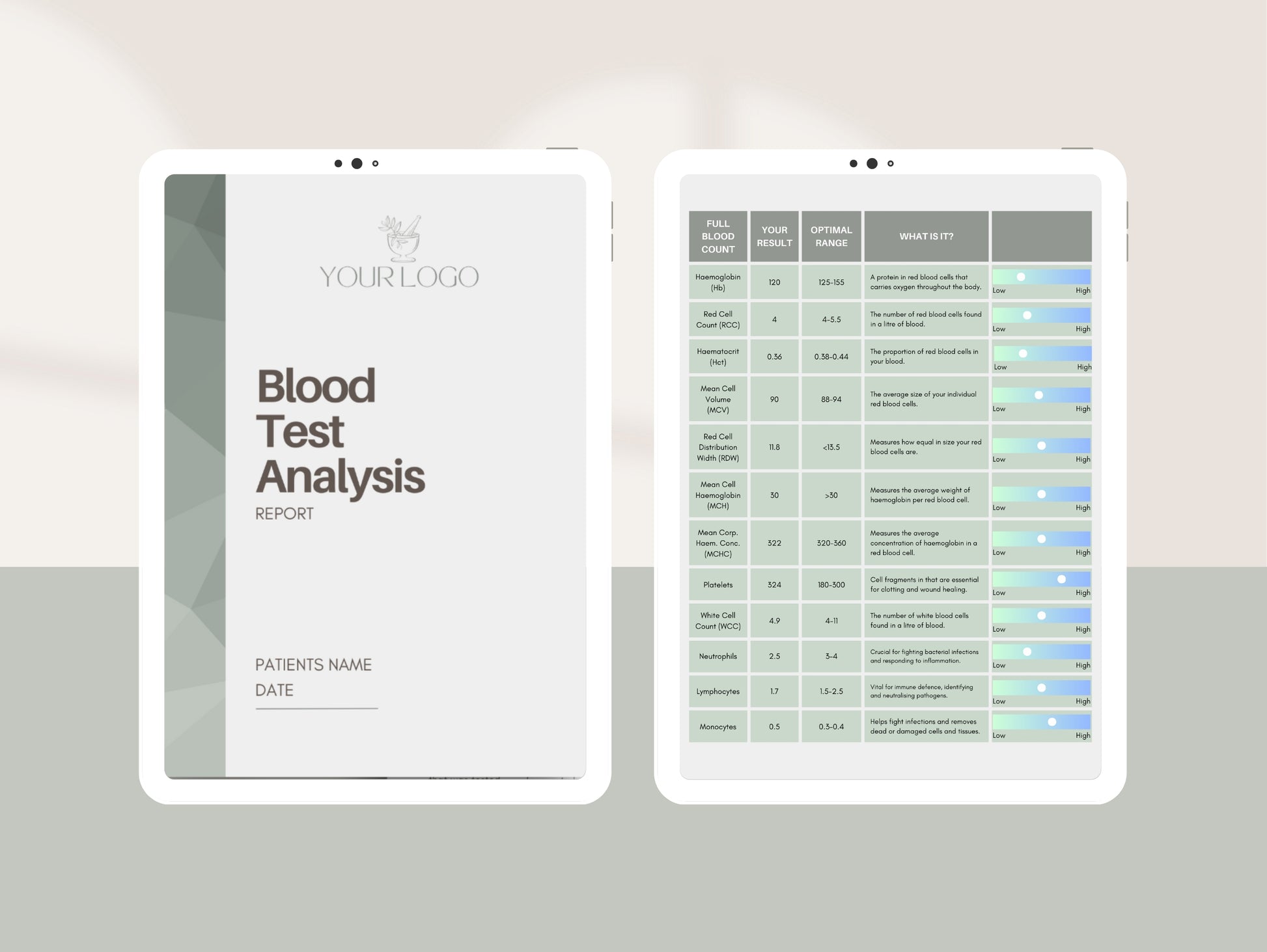 Blood test analysis report Canva template for naturopaths, nutritonists, ND's, herbalists